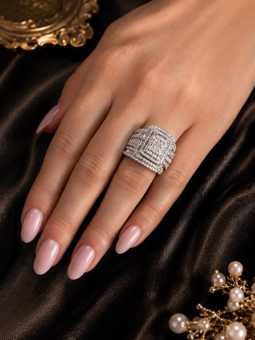 Classic Silver Multi-Row Diamond Statement Ring - Silver